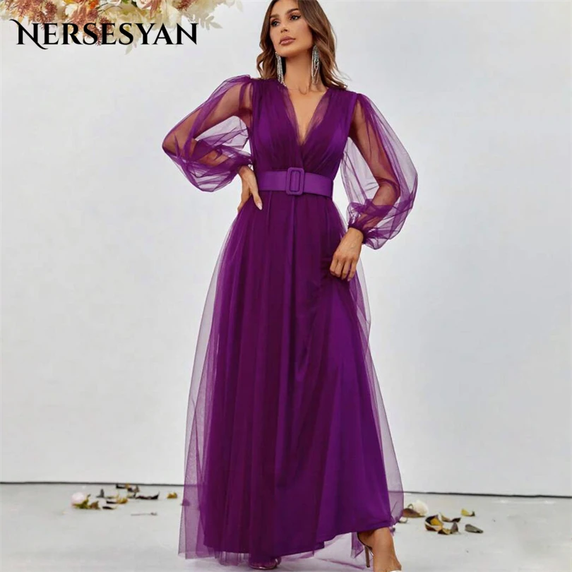 

Nersesyan Stylish Purple Tulle Formal Party Gown Sexy V-Neck Pleats Evening Dresses Sashes Long Sleeves A Line Draped Prom Gown