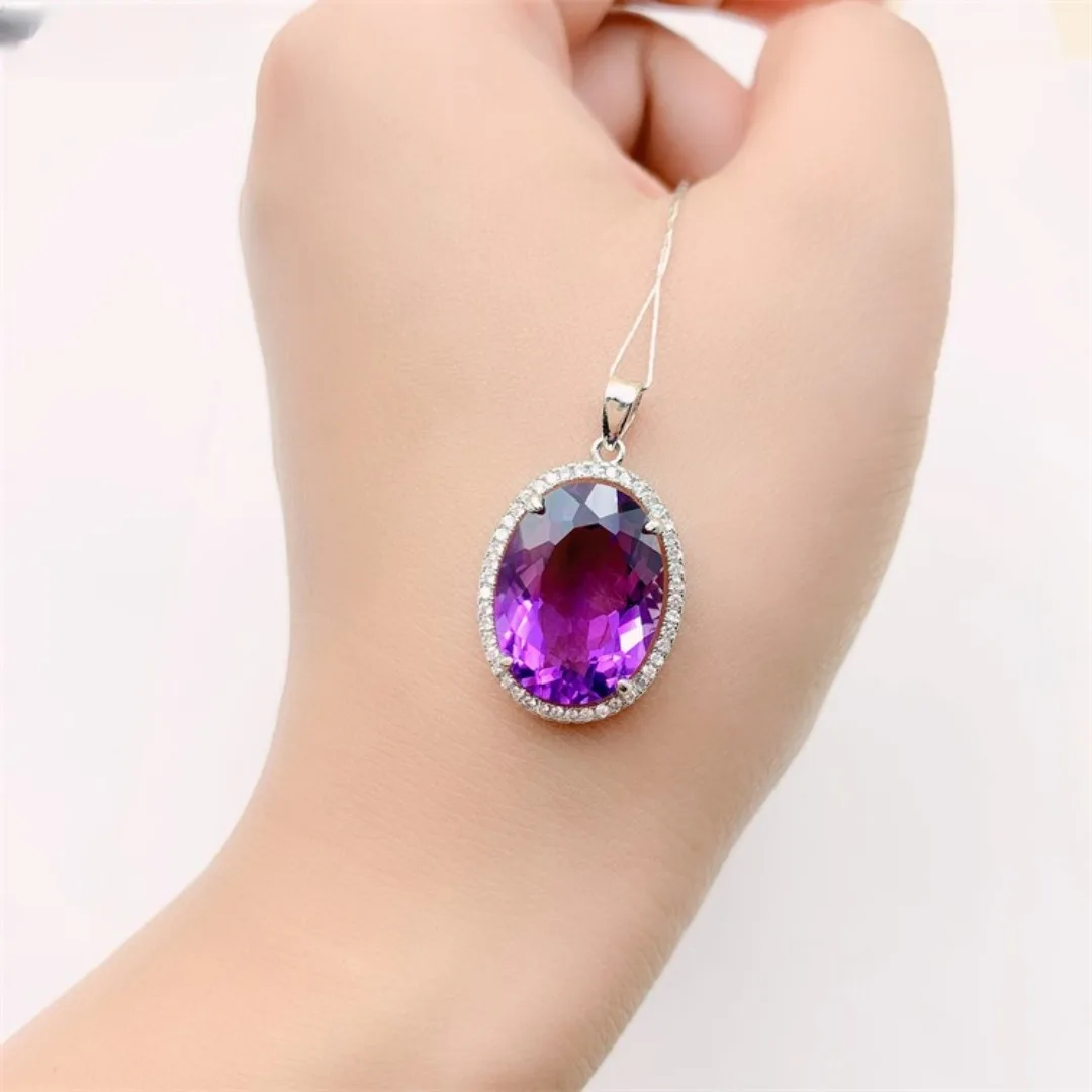 Natural Oval Amethyst Pendant Large Grain Gem Women\'s Necklace Pendant S925 Sterling Silver Inlaid with Japan and South Korea