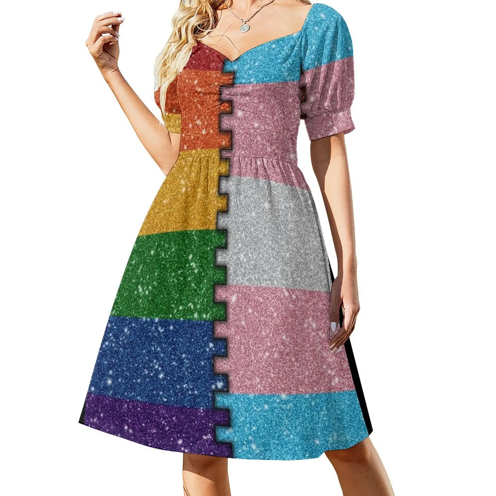 Faux Glitter LGBTQ Rainbow and Transgender Pride Merge Flag Background Short Sleeved Dress party dresses women Dress