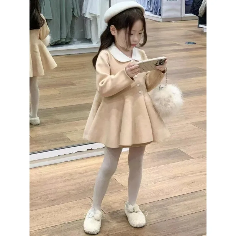 

Корейская детская одежда, осень-зима 2022, новое милое молочно-желтое вязаное платье с кукольным воротником, свитер для девочек, кардиган, юбка