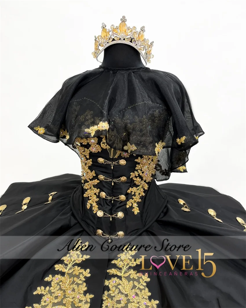 Mexican Luxury Black Quinceanera Dress Satin Gold Applique Ruffles Tiered With Cape Vestido De 15 Años Ball Gown Customized  image 3