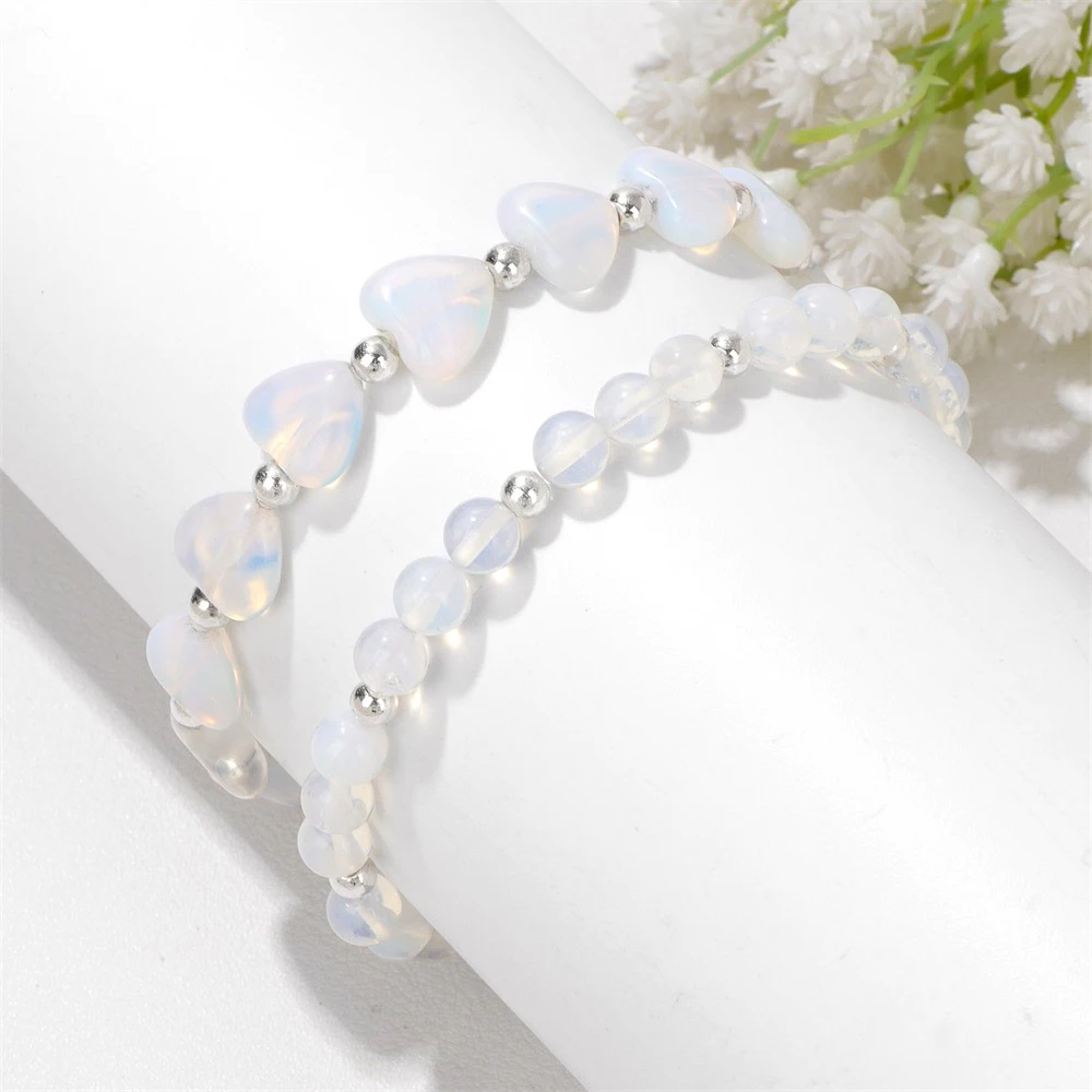 Heart Shape Opalite Beaded Bracelets Natural Stone Rose Quartzs Beads Bracelets 2Pcs/Set For Women Men Reiki Yoga Energy Jewelry