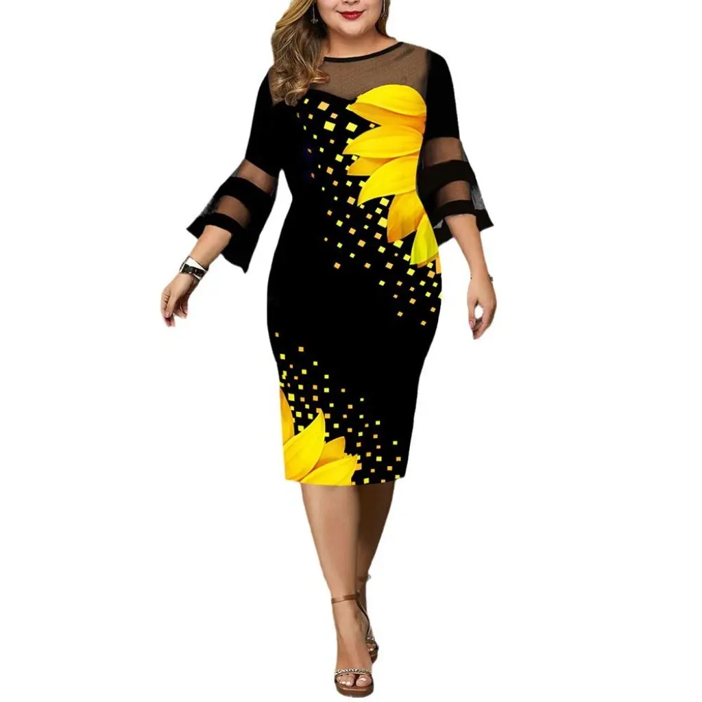 

New Large Size Women's Digital Printing Gauze Splicing Dress Independent Station