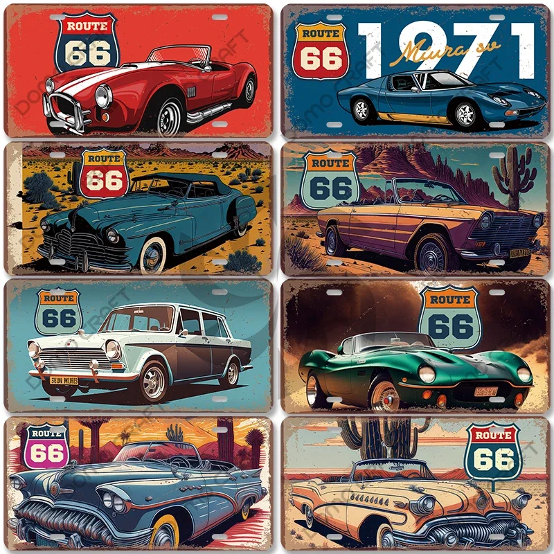 Route 66 License Plate Metal Tin Sign Classic Cars Metal Plaque Wall Art Decor for Garage Car Club Bar Pub Man Cave