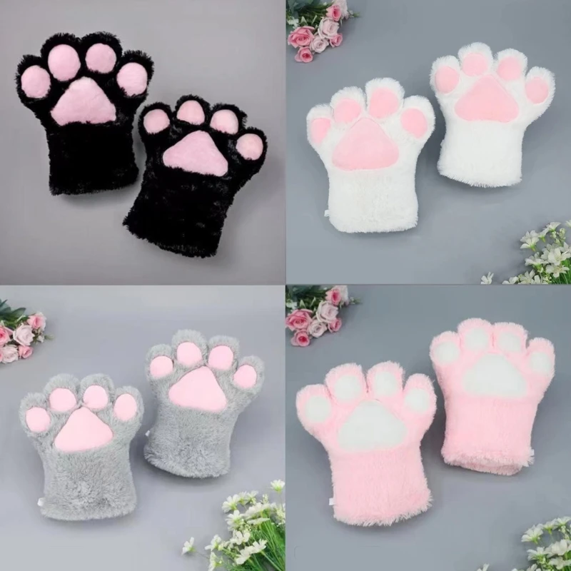 Luvas cosplay de halloween em forma de pata de gatinho com meio dedo luvas fofas para carnaval ao ar livre luvas de pelúcia para