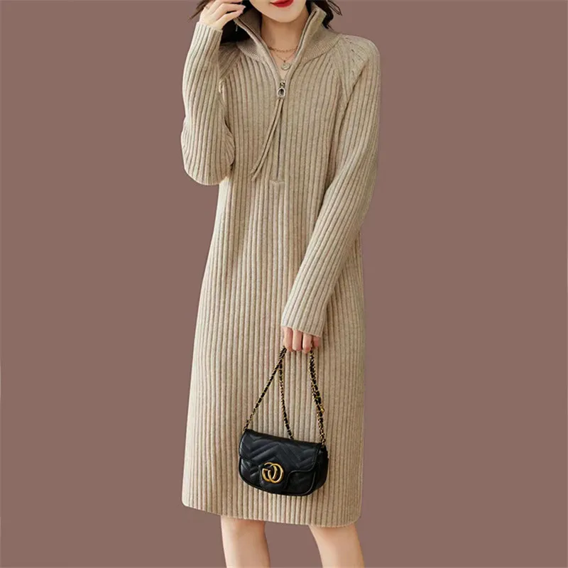 Thickened Woolen Bottoming Dress For Women Winter Loose Knee Length Knitted Lapel Sweater Warm Pullovers Knitwears Pull Femme