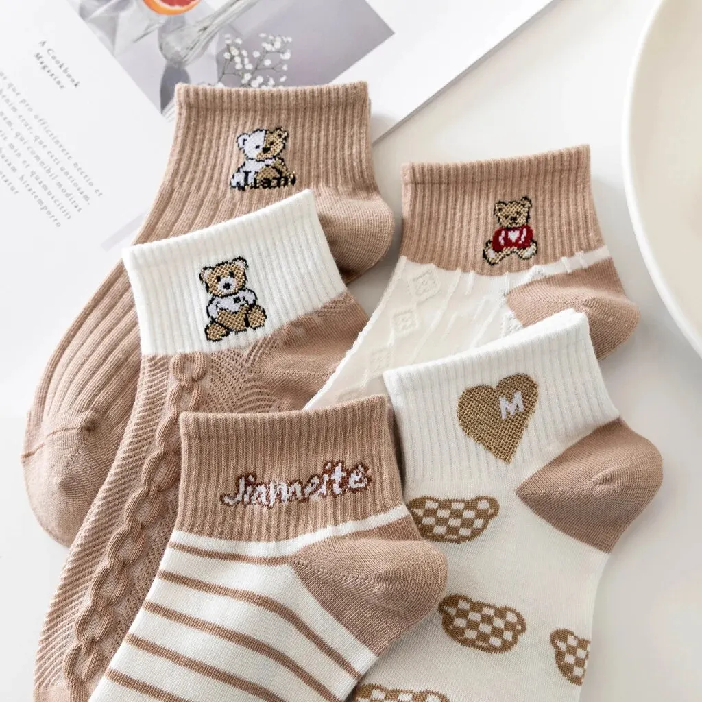 5 Pairs Socks Sets Women Elegant Retro Polyester Cotton Low Tube Women Socks Breathable Japanese Style Casual Cotton Short Sock