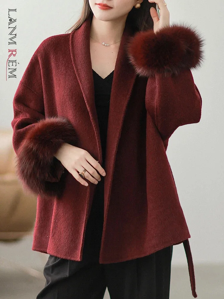 

[LANMREM] Elegant Faux Fur Wool Coats For Women Lapel Belt Gathered Waist Warm Female Outwear Fashion 2024 Winter New 26C1030