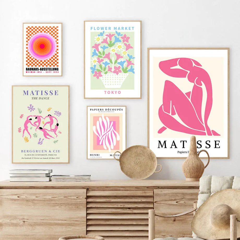 Tableau mural abstrait sur toile, imprimé, motif marché aux fleurs rose Matisse, cocktail Bauhaus, pour décoration de salon