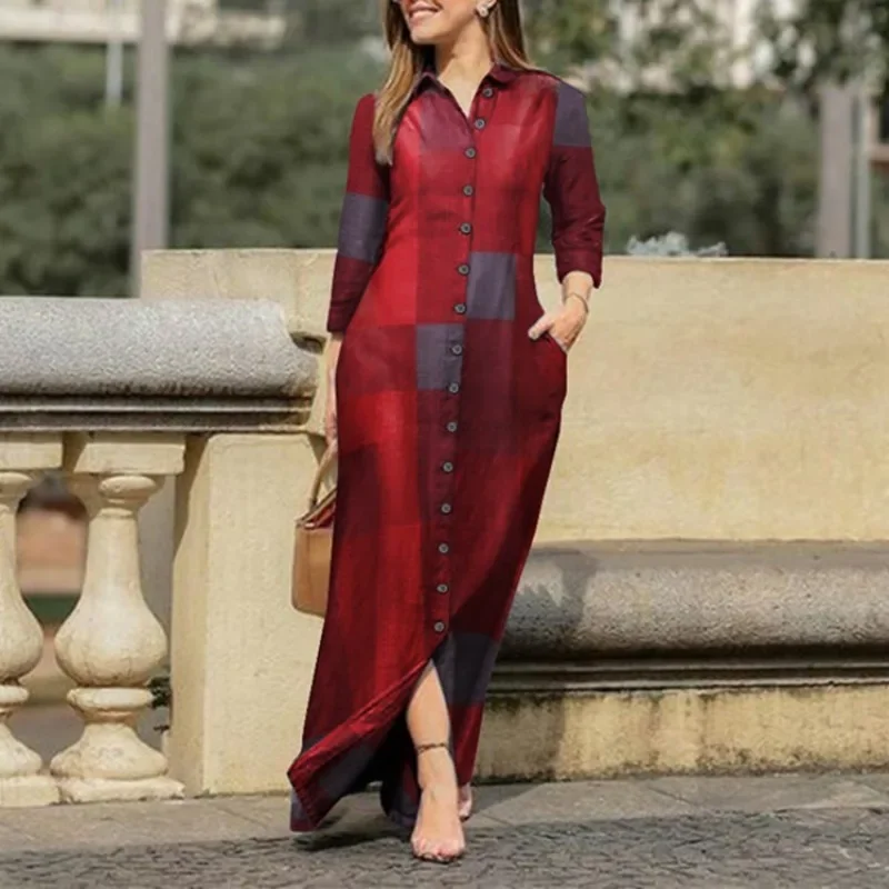 Vestido largo de talla grande con solapa y manga larga para mujer, vestido largo con bolsillo y estampado a cuadros, vestido holgado de talla grande con botones, vestido informal suelto