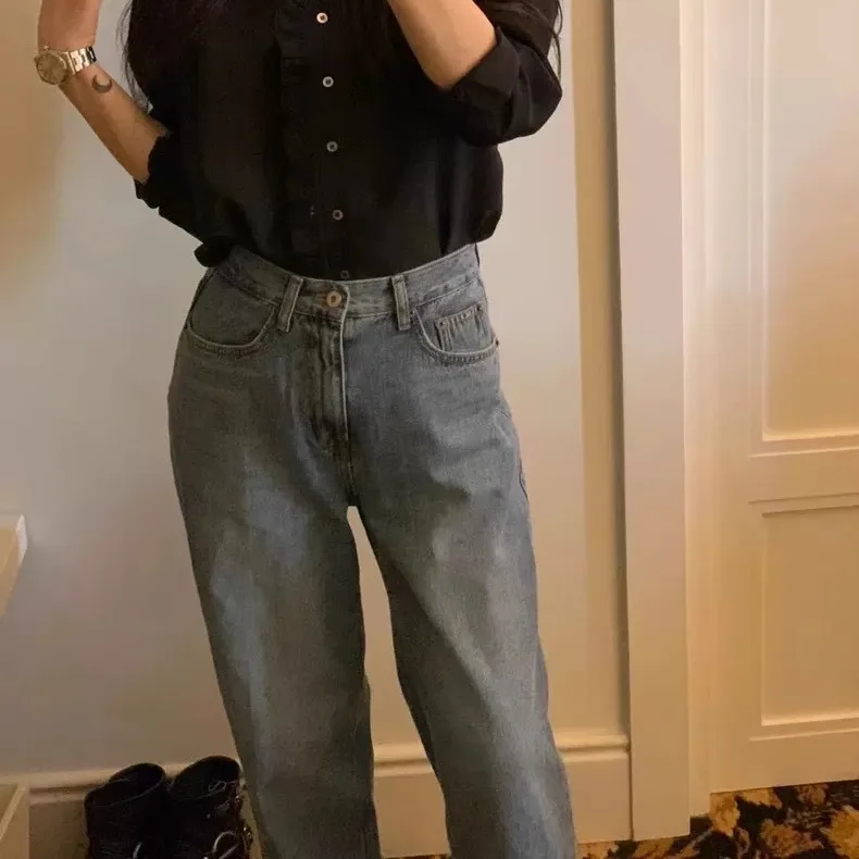 Pantaloni lunghi jeans larghi versatili di base a gamba dritta blu per donna a vita alta slim Sle autunno nuovo arrivo