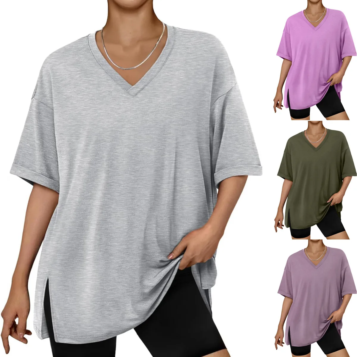 

Женская футболка с короткими рукавами, топ на весну/лето, новая свободная футболка с разрезом и v-образным вырезом Футболки Футболки Футболки Y2k Оверсайз Женские футболки