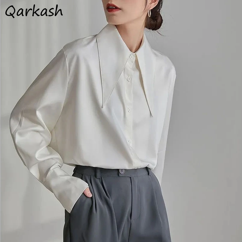 Career Loose Shirts Women Spring Autumn New Design Pointed Collar Solid Long Sleeve Blouses French Style Office Lady Simple Chic