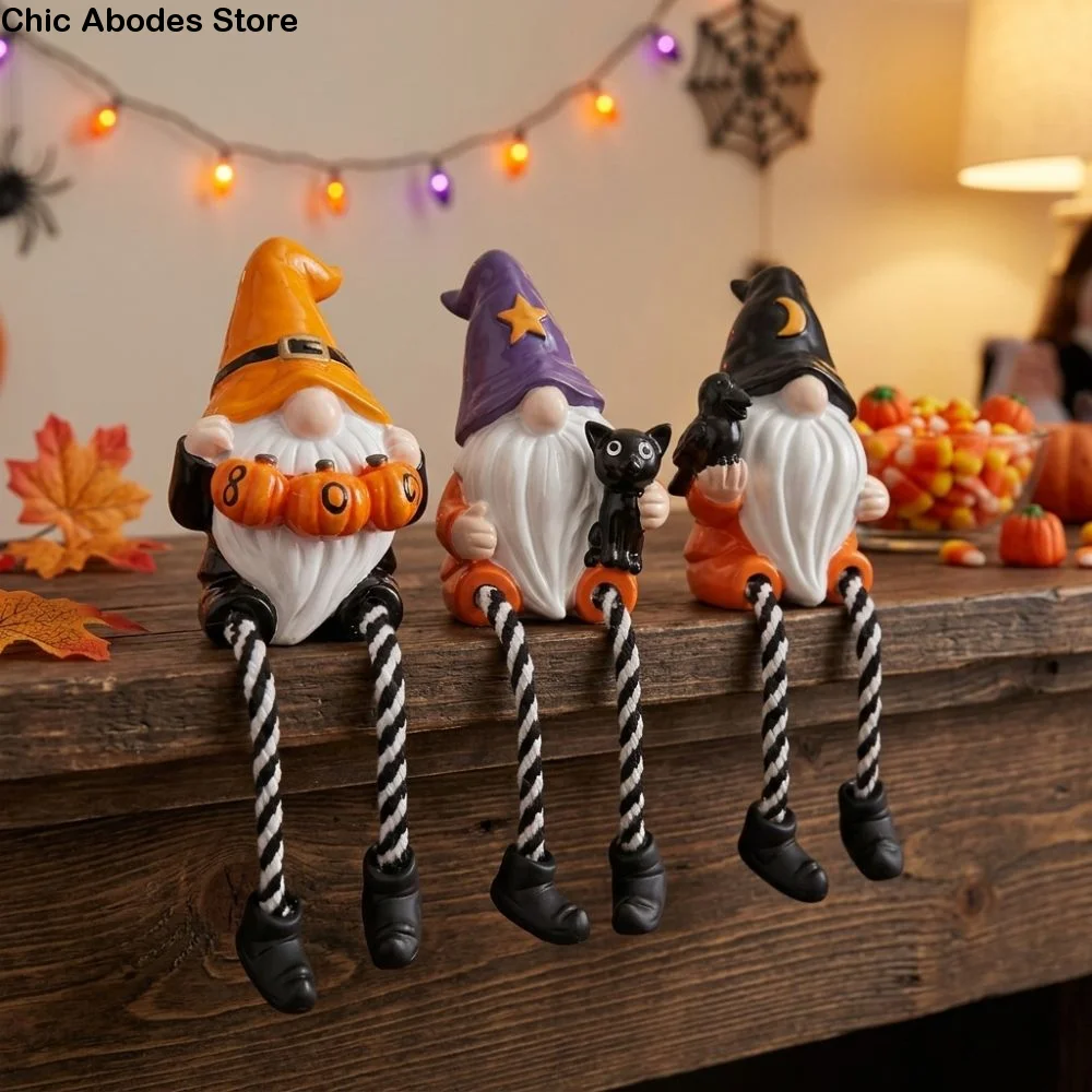 Hand-Painted Halloween Gnome Shelf Sitter Resin Pumpkin Dangling Leg Gnome Statue Spooky Striped Legs