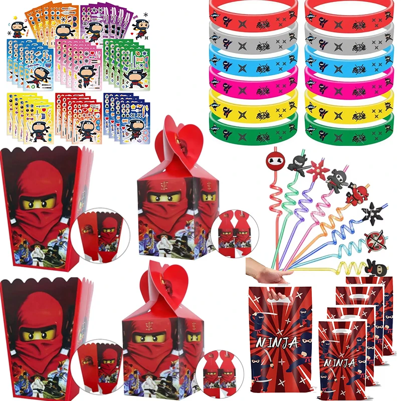Fournitures de fête sur le thème Ninjago, boîte à popcorn, boîte à bonbons, ensemble de vaisselle, bracelet, ballons, gobelet pour la décoration de fête d'anniversaire d'enfants, cadeau de fête