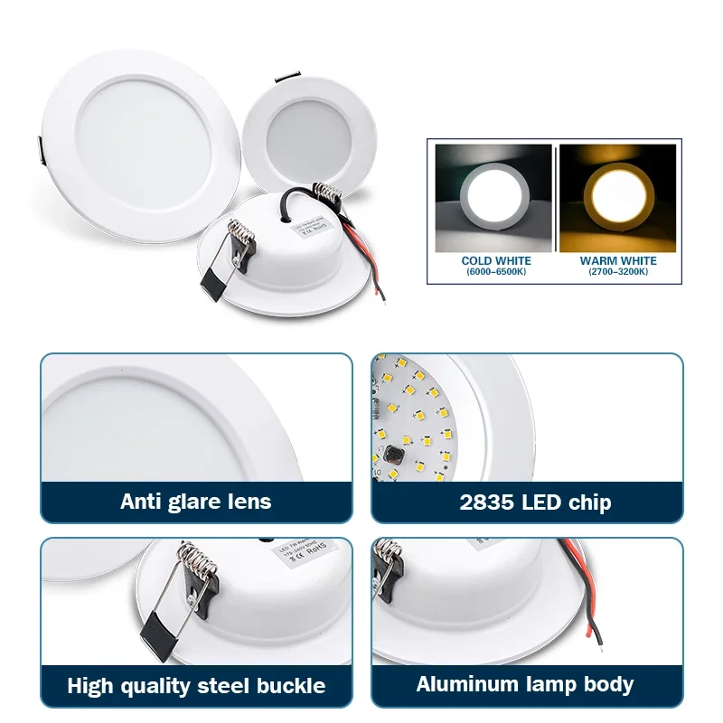 Recesso Redondo LED Downlight, Luz de Painel Redondo, Iluminação Interior Spotlight, AC 110V, 220V, 5W, 9W, 12W, 15W, 18W, DC12V, 24V