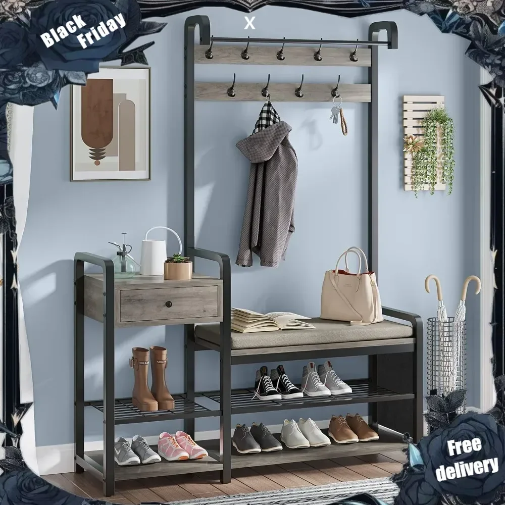 

Entryway Bench, Shoe Rack for Entryway, Coat Rack Furniture with Storage, Soft Cushion and Hanging Rod, Oak Grey