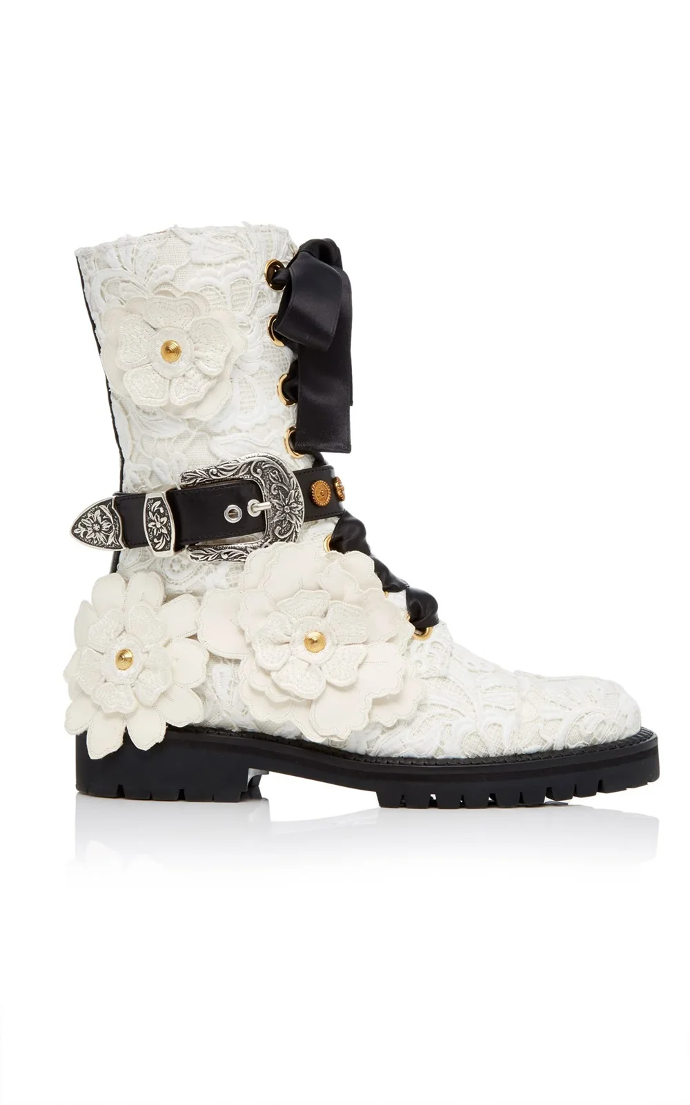 

White Lace Chunky Lug Sole Ankle Boots Oversized Floral Black Satin Bow Buckle Accents Gold Stud Details Cool Edgy Design Boots