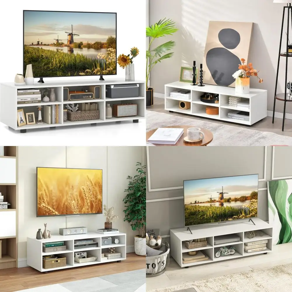 

6-Cubby TV Stand for 55 Inch TVs, White Wooden Entertainment Center with Adjustable Storage and 5 Positions