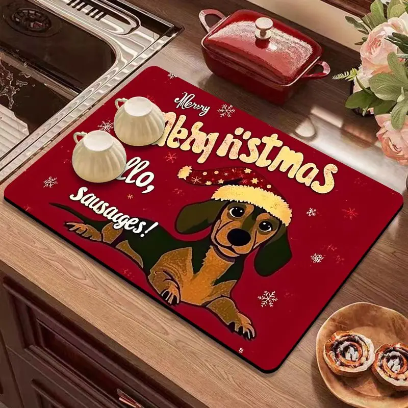 VIKAMA Kitchen Absorbent Mat Dachshund Dog Santa Hat Red Non Slip Counter Dish Drying Christmas Decor
