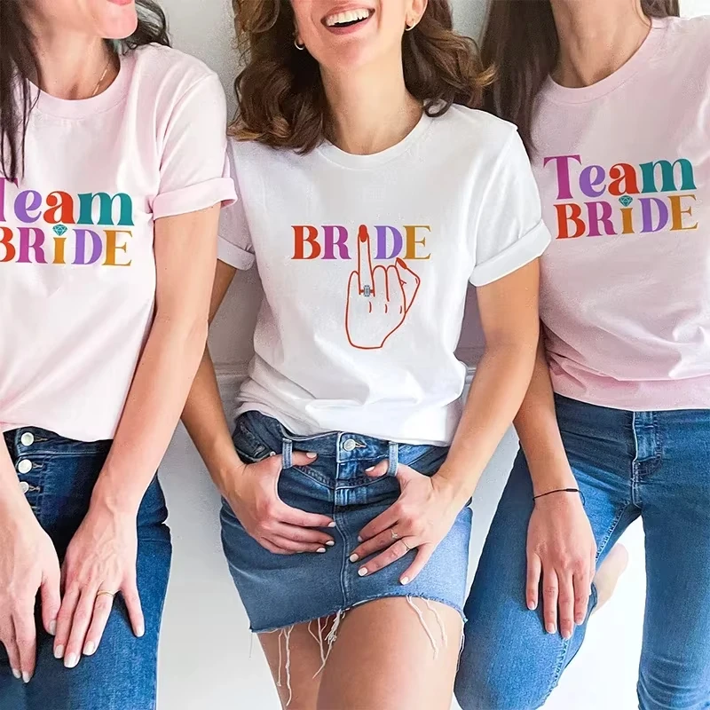 

Colourful Bride and Team Ring Finger T-shirt Funny Bridal Wedding Tees Girls Single Farewell EVJF Bachelorette Hen Party Tops