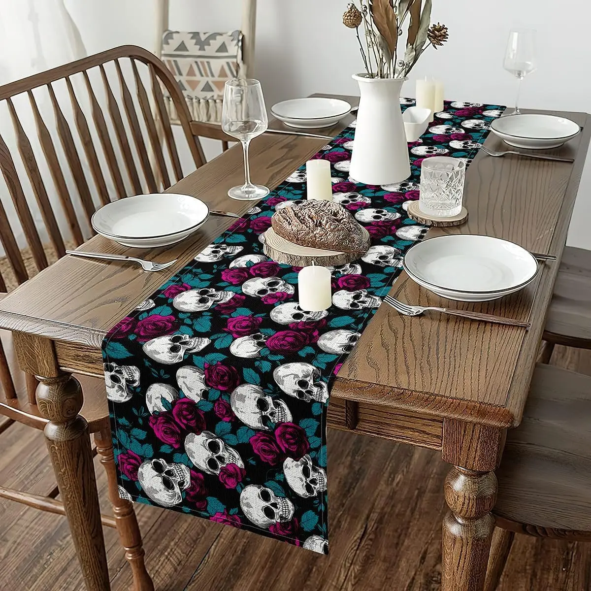 Halloween Gothic Skull Rose Linen Table Runner Holiday Party Decor Reusable Kitchen Dining Table Runner Halloween Decorations