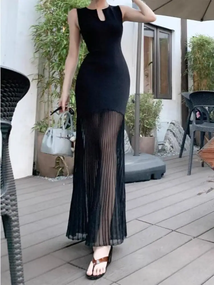 

French Summer Black White Mesh Sexy Club Slim Birthday Party Long Dress Women Sleeveless Vacation Wrap Hip Fishtail Vest Dress