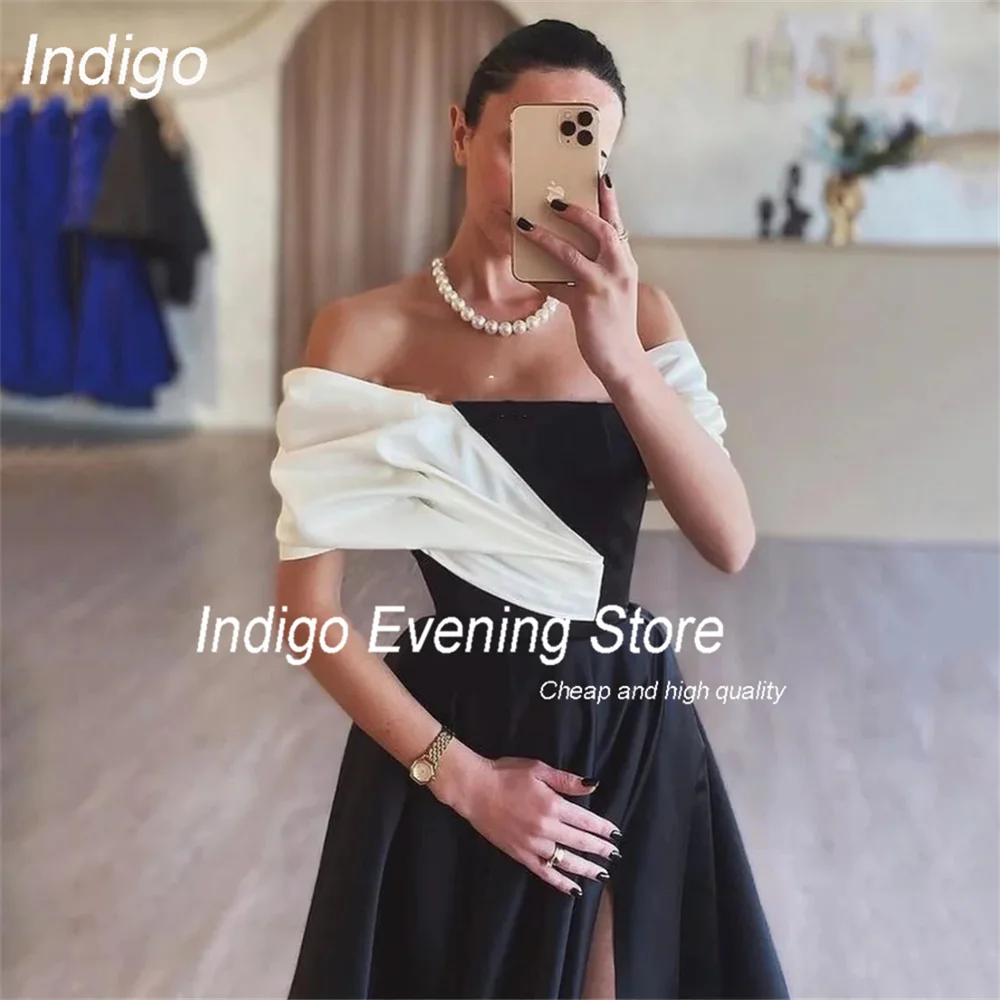 Indigo Eleganckie suknie wieczorowe A-Line Off The Shoulder Pleat Side Split Satin Custom Made Party Prom Gown Formal فساتين السهرة