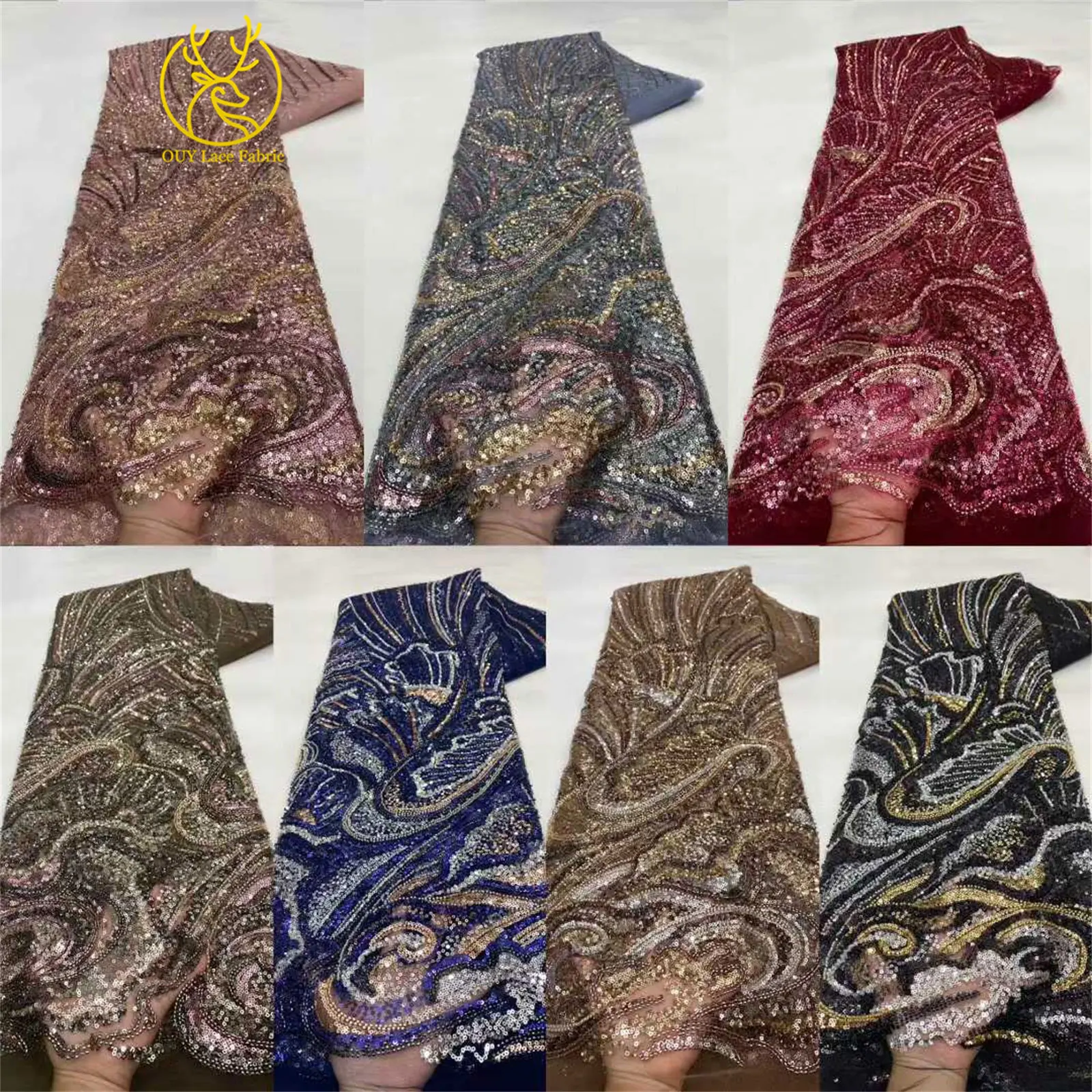 Tessuto di pizzo con paillettes in rilievo di pizzo oro nero africano di lusso 2026 Abito da sposa in pizzo nigeriano di alta qualità Materiale da cucire 5 metri