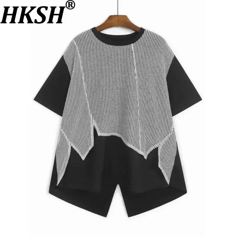HKSH Women T-shirt Stylish Fake Two-piece Striped Patchwork Irregular Design Loose Versatile Casual Ins Short Sleeve Top HK26323