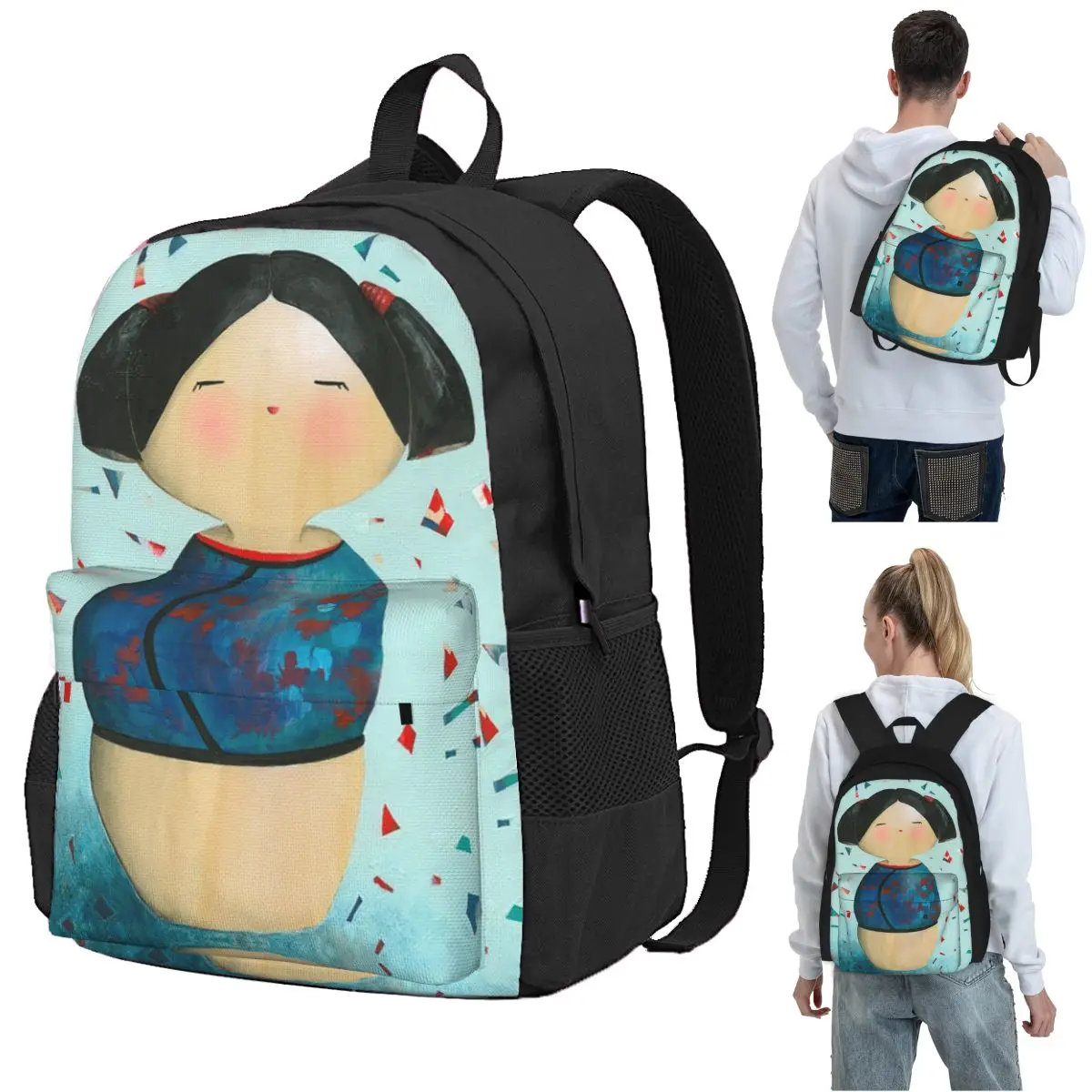 

Katsuki - Kokeshi Doll Backpack Student BookBag Children School Bag Computer Shoulder Bags for Men Women