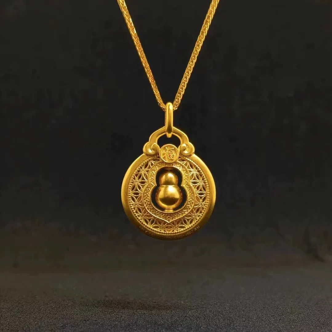 

Luxury 9999 24K real gold Chinese window grille rotating micro inlaid hollow gourd pendant necklace for women high-end sense