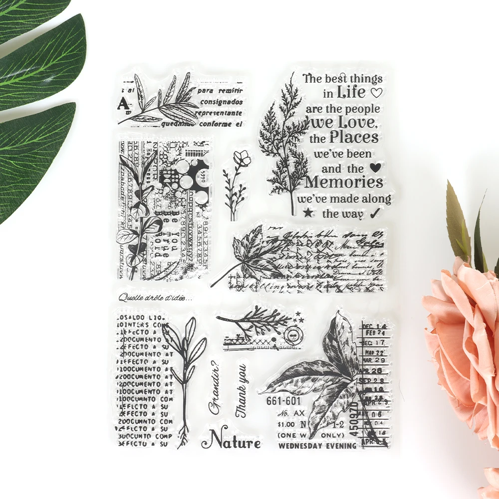 Leaf/Text Background Silicone Transparent Seal Stamps Decoration Scrapbooking Vintage Clear Stamp Planner Junk Journal Supplies