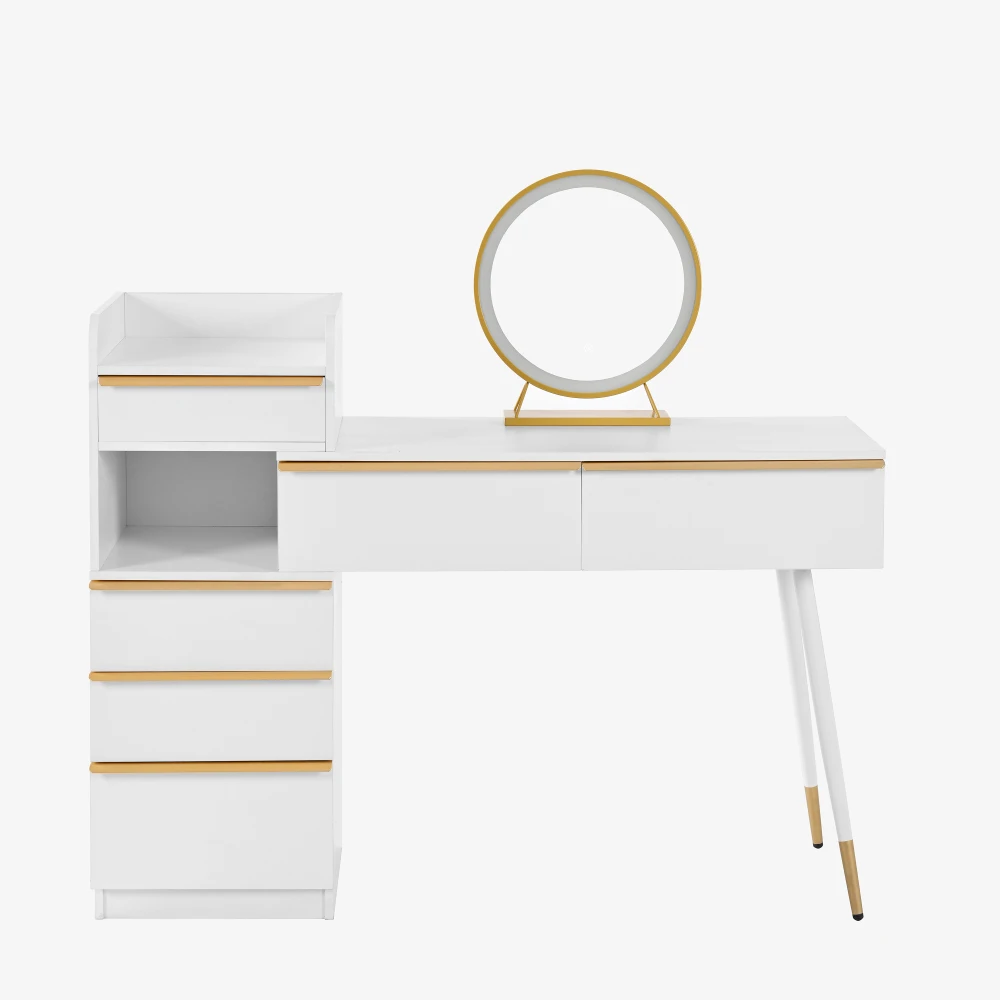 Mesa Extensible con 6 Cajones, Tiradores Dorados, Espejo LED Regulable, Tocador Blanco, 102 x 100 x 41.5 cm, Sin Taburete Incluido
