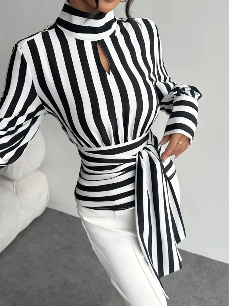 Retro Fashion Tie Waist Striped Blouses Top Women Autumn Fashion Long Sleeve Cutout Turtleneck Tops Woman Clothing Streetwear - Image 4