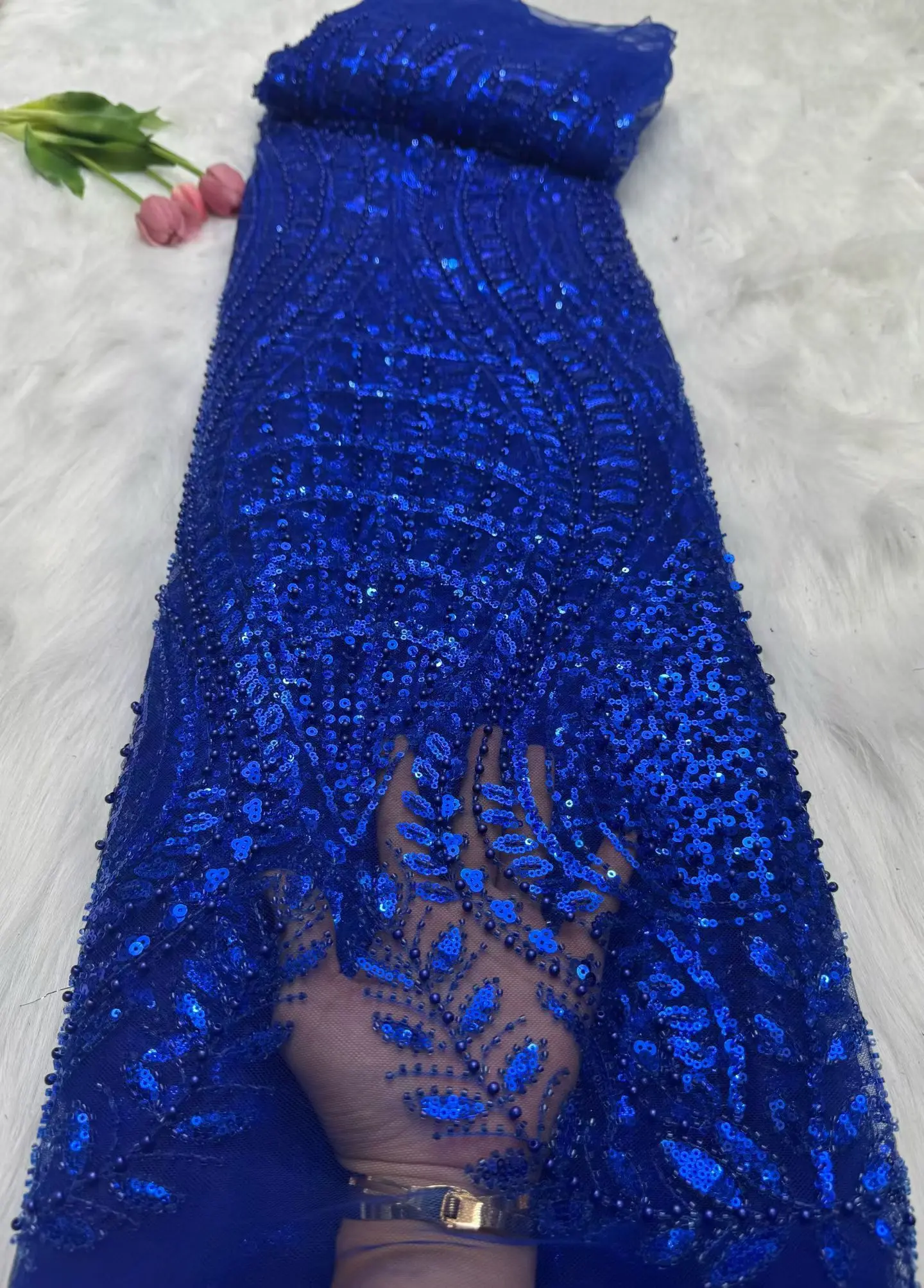 

Latest Blue African Sequin Lace Fabric 2025 High Quality Lace Embroidery Beads Mesh Fabric 5 Yards For Women Wedding Party H28-1