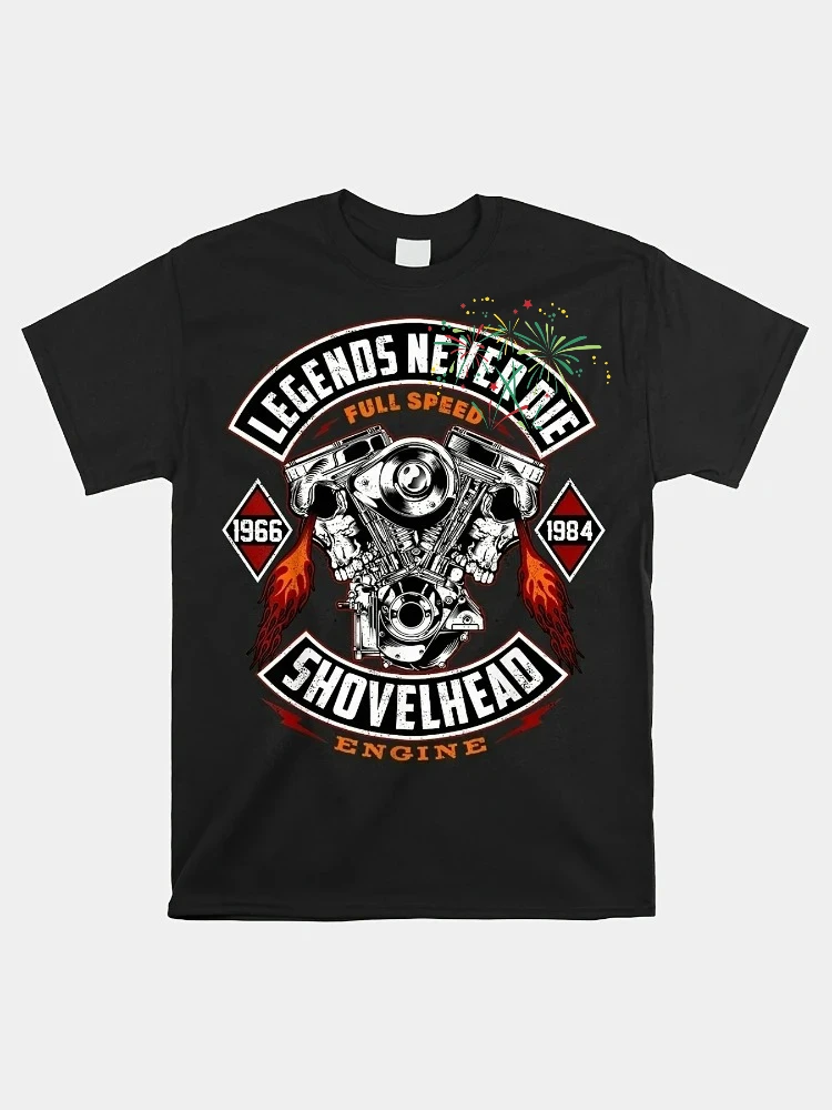 

Men's shovel head 1966-1984 motorcycle graphics-casual cotton T-shirt, skull and flame design, short-sleeved round neck T-shirt.