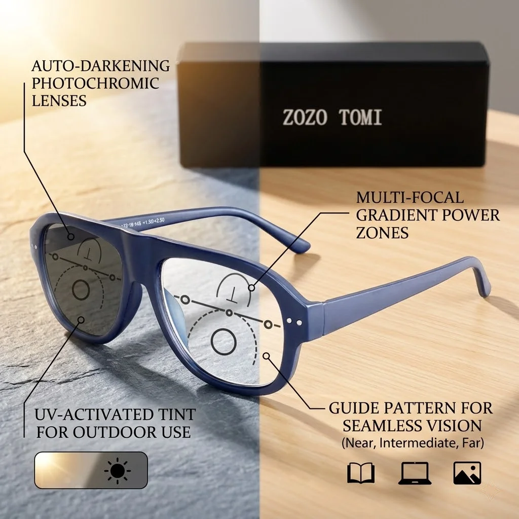 Progressive Multifokal-Lesebrille für Männer und Frauen, ovale photochrome Presbyopie-Brille, klassische Nieten-Anti-Blaulicht-Dioptrienbrille