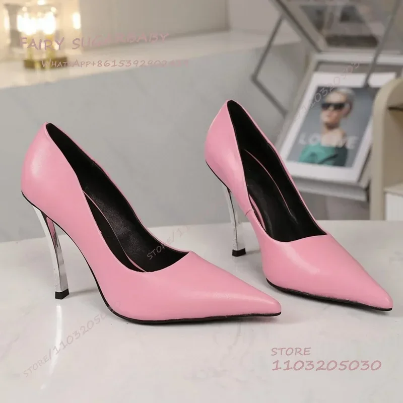 Womens Dress Pumps Pink Girls Silver Stilettos Metal Pointed Heels White Leather Red Sexy Dinner Party Dress Shoes Women Autumn