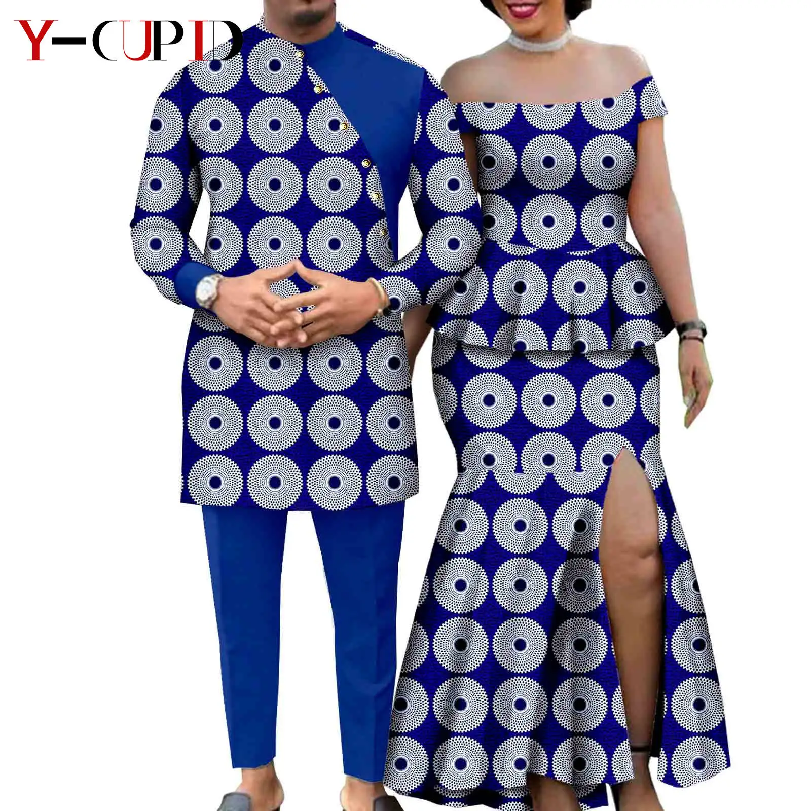 African Suits for Men Dashik Kaftan Top and Pant Sets Matching Couple Outfits Bazin Riche Women Tee and Split Skirt Sets Y23C017