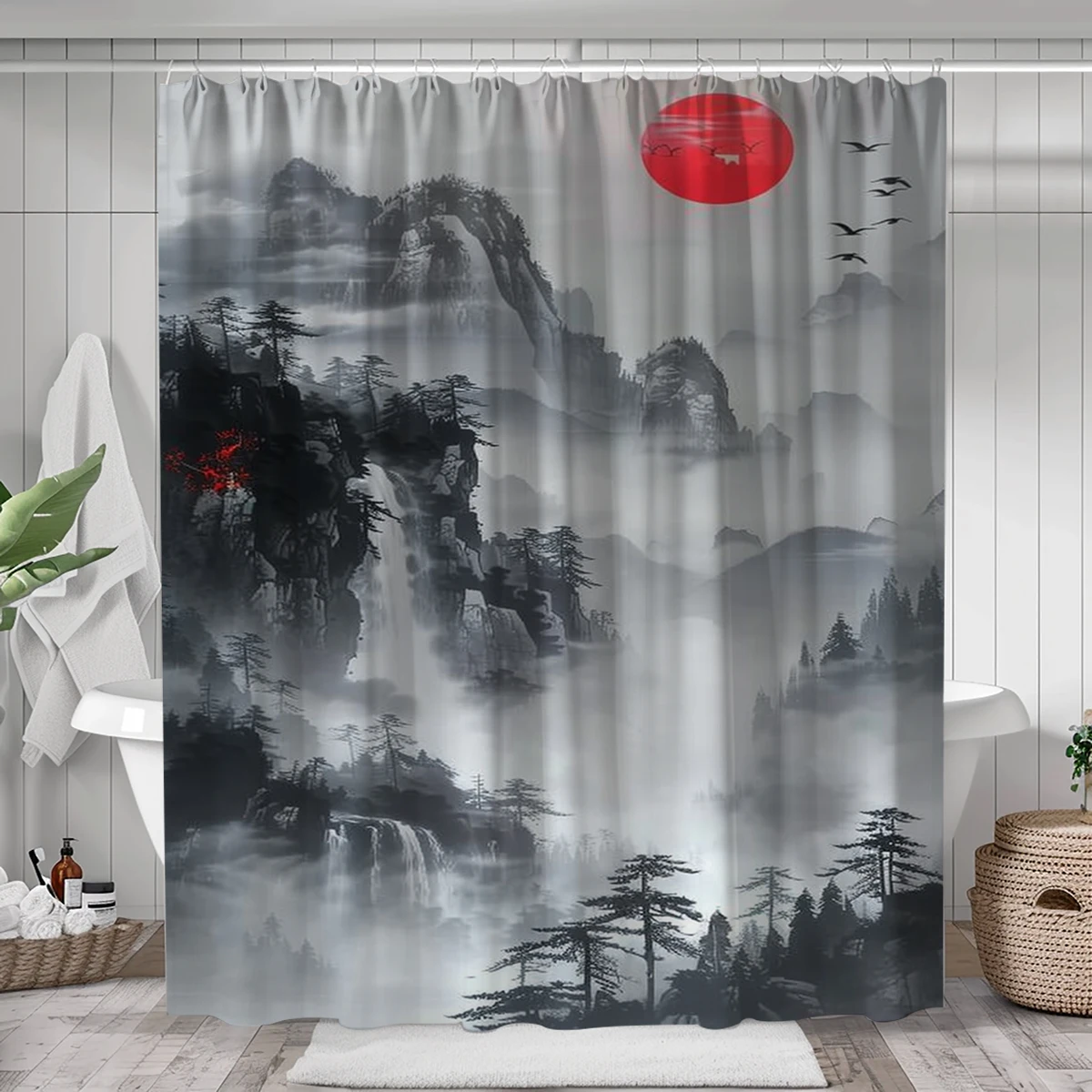 1 pack Chinese landscape painting pattern polyester material shower curtain tarpaulin bathroom thickeneded mildew-proof partition curtain bathroom