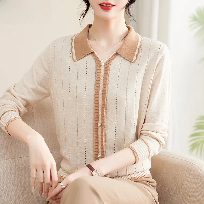 

Sli Knitted ort Sweater Base irt for Middle-Aged Women Autumn Faionable Ladies Ne Pullover Striped Pattern