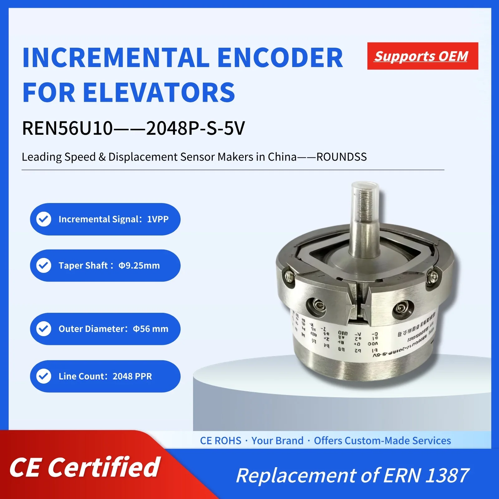Replacement  REN56U10-2048P-S-5V Rotary Encoder 5V Solid Shaft for Elevators & Industrial Automation
