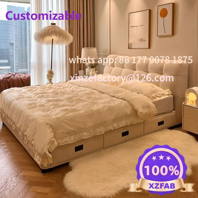 Customizable Cream Wind Puff Fabric Bed Modern Simple Technology Fabric 2m × 2m Master Bedroom Double Bed Soft Bag Storage Weddi