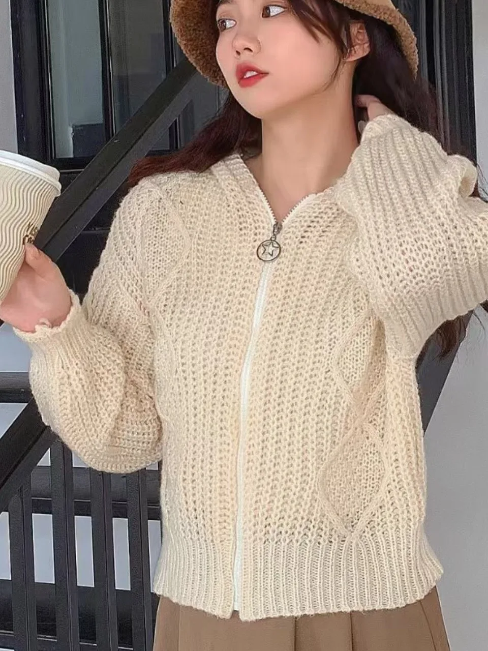 

Chic Autumn Winter Lazy Loose Lantern Sve Hooded Knitted Open Cardigan Ele Zipper ort Sweater Jaet Women