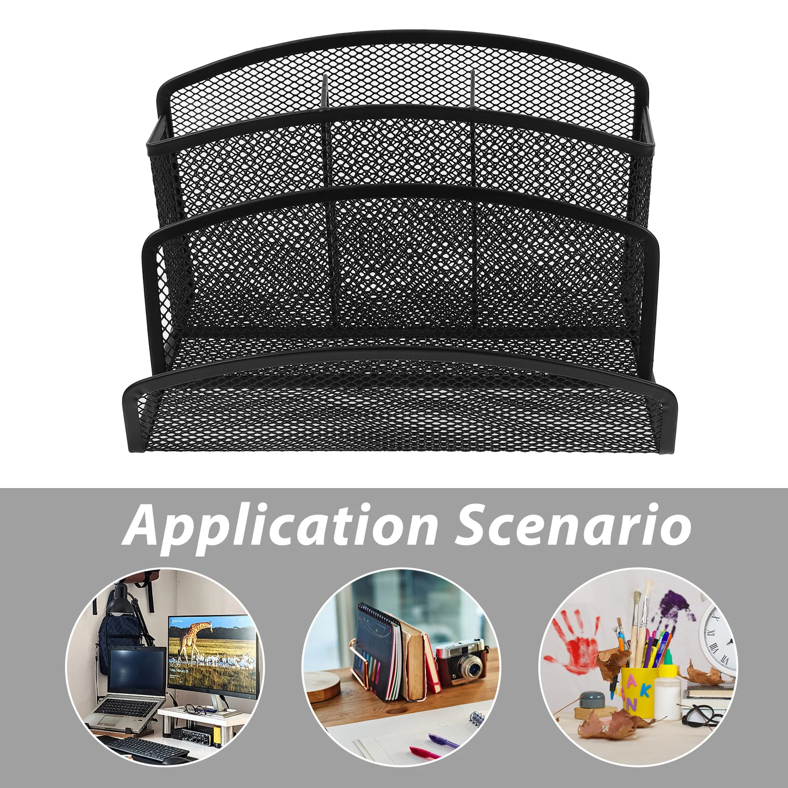 Desktop Iron Mesh File Organizer Two Sections Three Pen Holders Black Office Desk Storage Rack File Organizer Desktop Storage