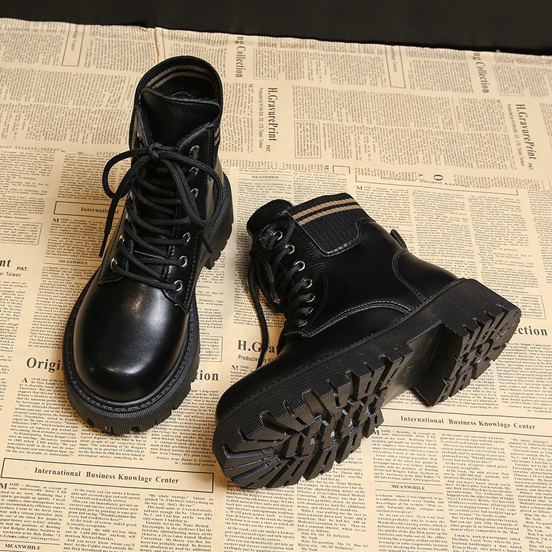 Botas de tornozelo femininas salto grosso cor sólida estilo inverno moda rendas plus size botas de motocicleta casuais confortáveis