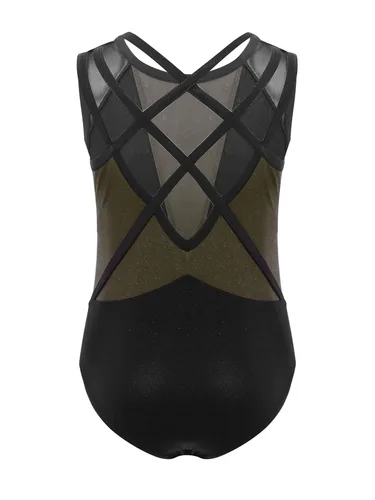 Imagen 2 del producto Traje de actuación de baile de Jazz para niñas, cuello redondo, sin mangas, espalda cruzada, diamantes de imitación brillantes, leotardo de gimnasia con bloques de Color
