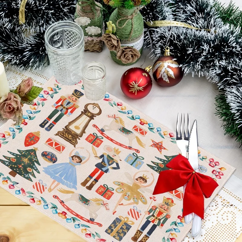 Christmas Nutcracker Printed Linen Placemats, Vintage Xmas Pattern Table Mats, Dining Table Home Decor