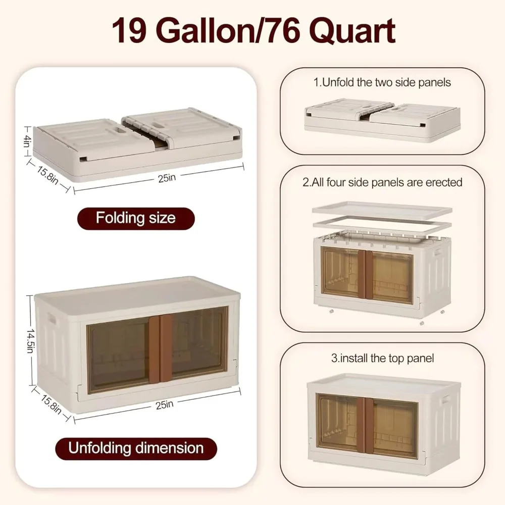 Bacs de rangement avec couvercles, organisateurs et rangement de placard en plastique à 3 niveaux, bacs de rangement pliables à double ouverture, pliables et empilables